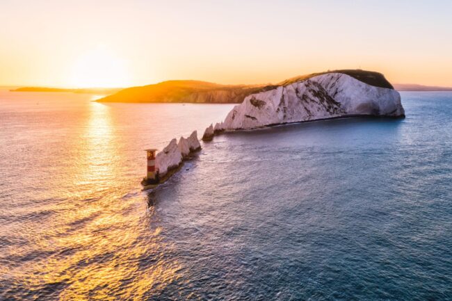 An aerial sunrise view of The Needles Lighthouse-Isle of Wight