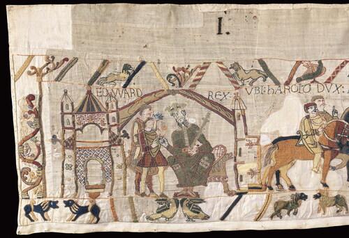 Escena inicial del Tapiz de Bayeux con Eduardo el Confesor y Harold
